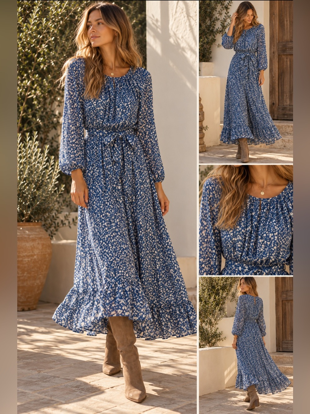 NWT Little Moon Aritzia Blue Floral Maxi Dress Long Sleeve Boho L